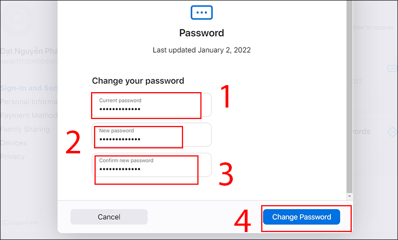 Tiến hành các bước đổi mật khẩu